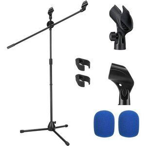 Microphone Stand with 2 Non-Slip Mic Clip Holders & 2 Foam Covers (Black)